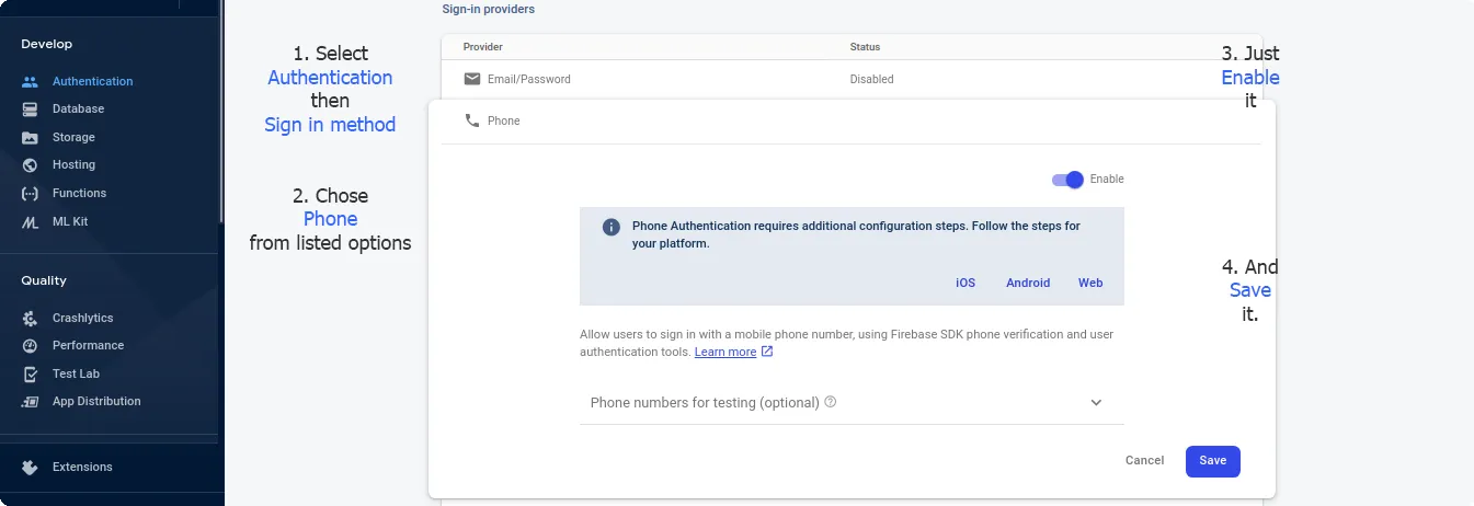 Firebase console Authentication > Sign-in method screen with the Phone provider enabled