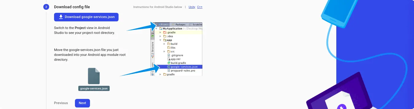 Firebase console screen after registering the app, showing the Download google-services.json button